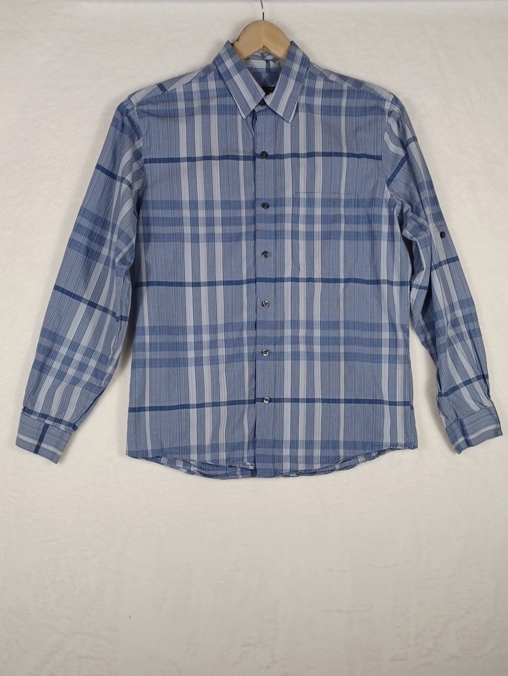 Van Heusen Slim Fit Medium Blue Plaid Long Sleeve Mens Cotton Button-Down Shirt